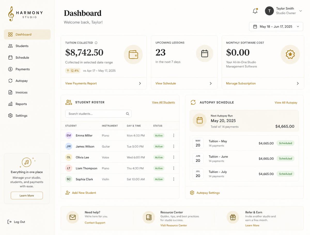 studio management dashboard showing revenue collected, student roster and $0.00 monthly software cost