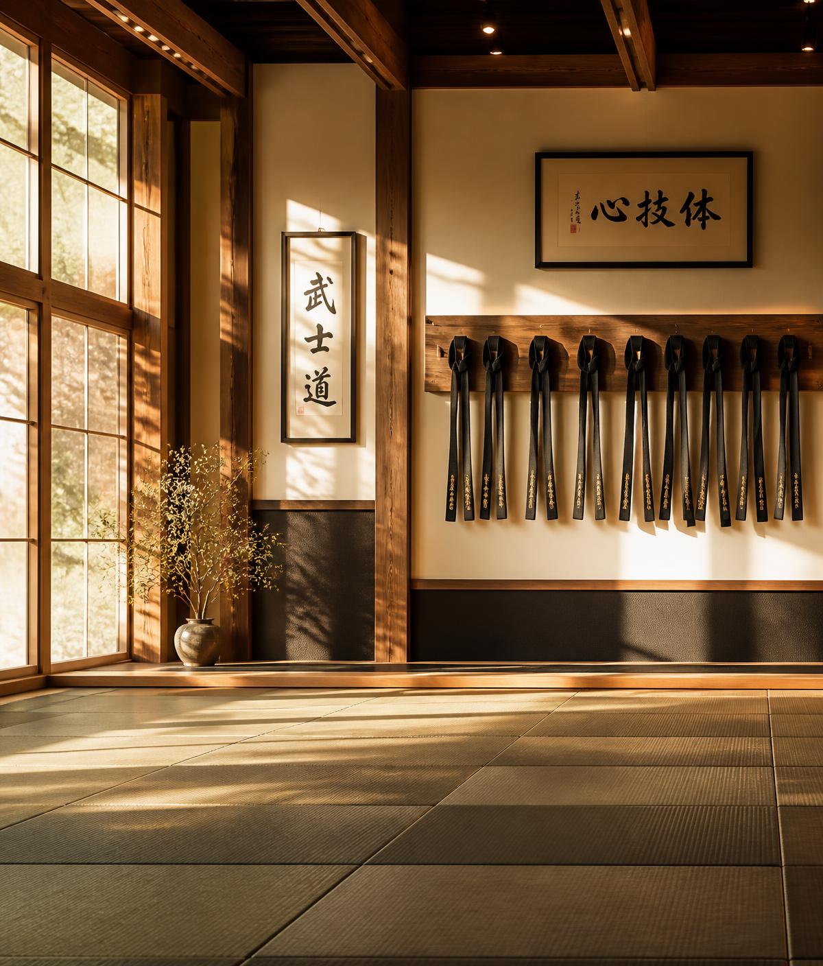 Warmly lit martial arts dojo with tatami mats and belts on a wooden rack