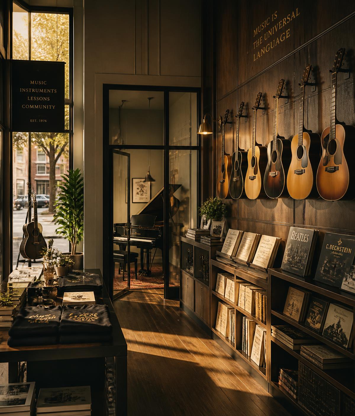 Warmly lit independent music store with guitars on the wall, sheet music, merch table and a lesson room with a piano