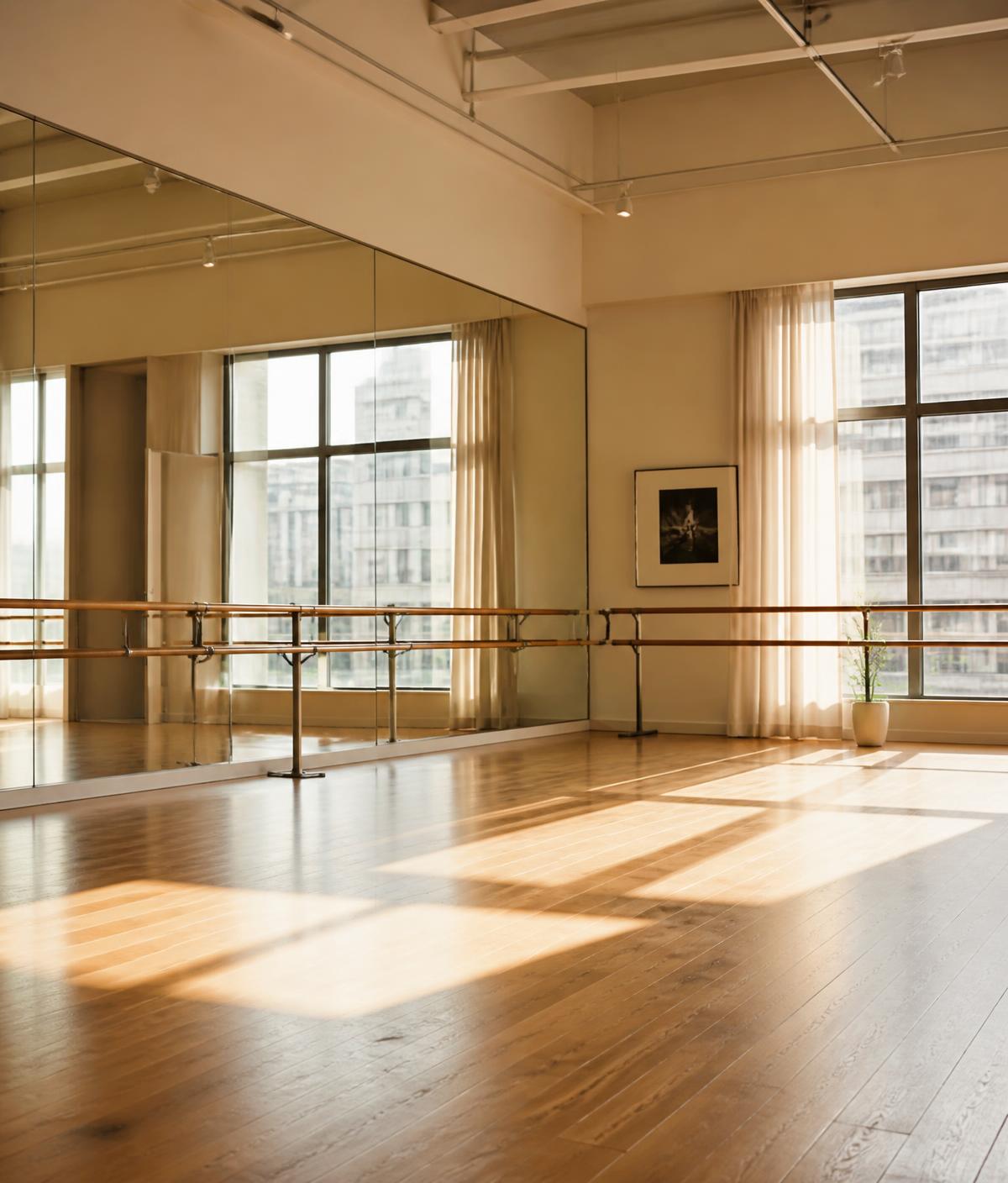 Sunlit dance studio with mirrors, barre and polished wood floor